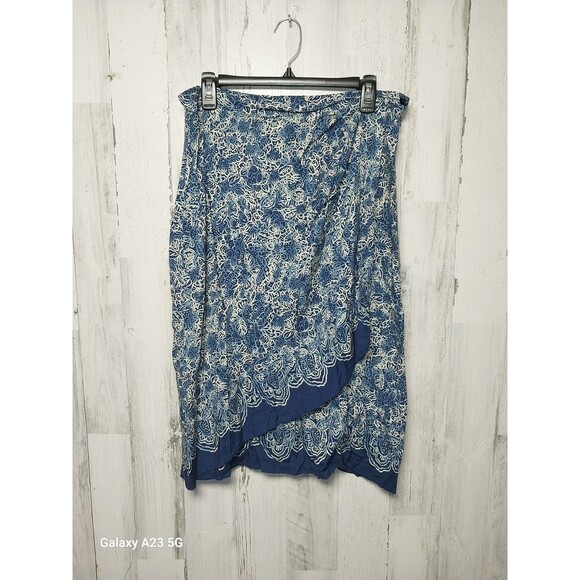 Coldwater Creek Faux Wrap Below Knee Skirt Blue White Floral Draped Side Zip L - Picture 1 of 5